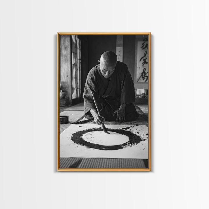 Black And White Fine Art Photography Of Japanese Calligraphy Artist Painting Circle Wall Art Framed Canvas Print