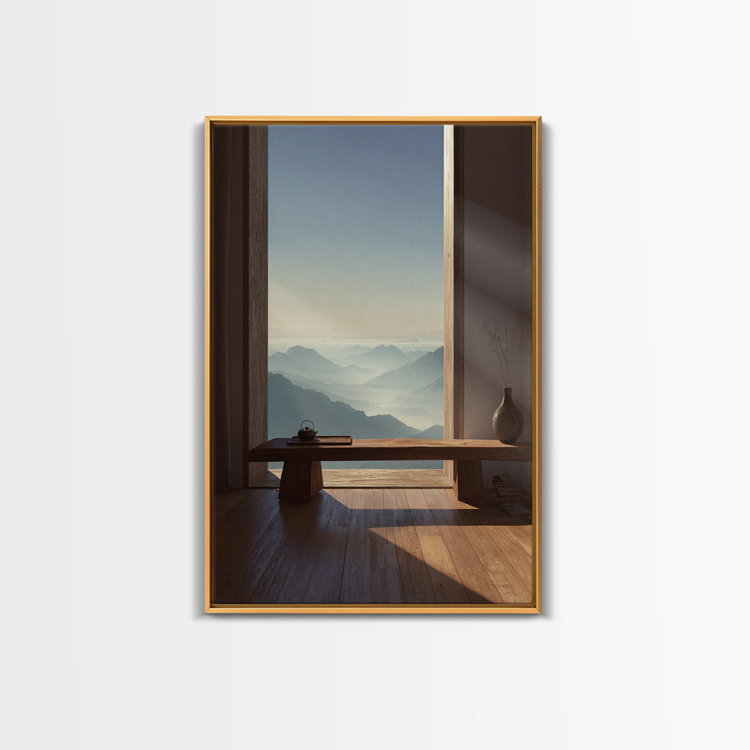 Serene Mountain Landscape from Window View Wall Art Canvas Print for Calm Minimalist Home and Office Decor
