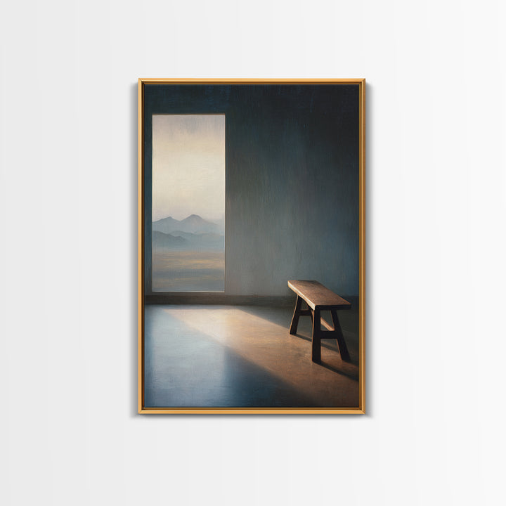 Peaceful Empty Room With Wooden Bench And Mountain View Window Oil Painting Wall Art Print Canvas Print For Minimalist Home Decor