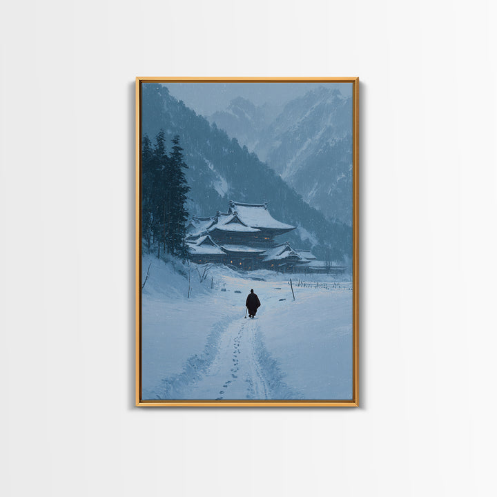 Serene Japanese Winter Landscape With Snow Covered Temple And Monk Pathway Wall Art Canvas Print For Home Decor