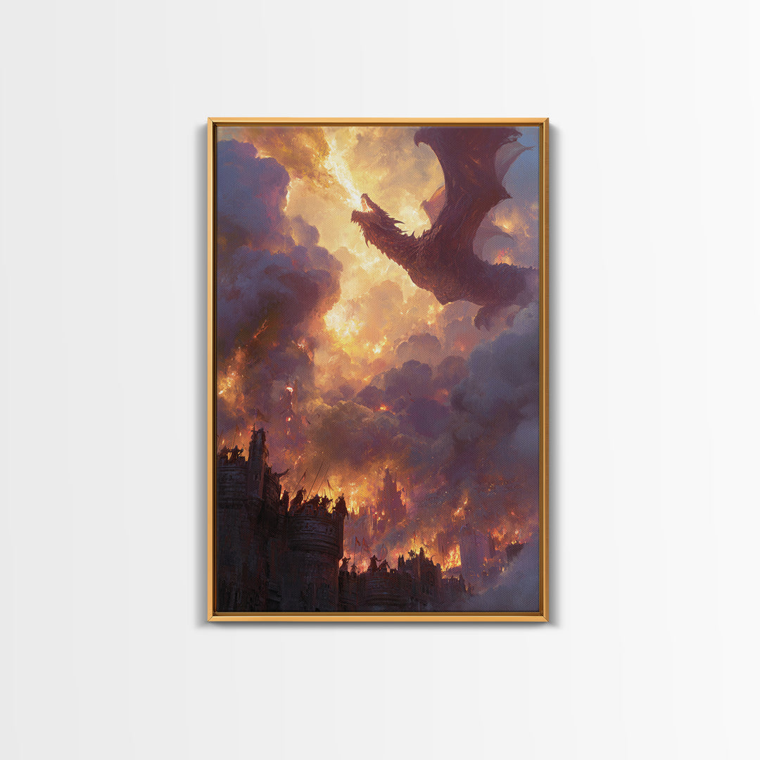 Red Dragon Above Burning Castle Wall Art Epic Fantasy Canvas Print For Gothic Decor Medieval Battle Art And Game Room Wall Decor