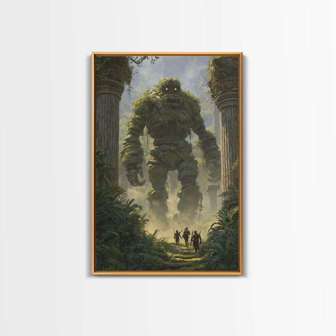 Moss Covered Stone Golem In Jungle Ruins Wall Art Fantasy Canvas Print For Nature Decor Adventure Art And Kids Room Wall Decor