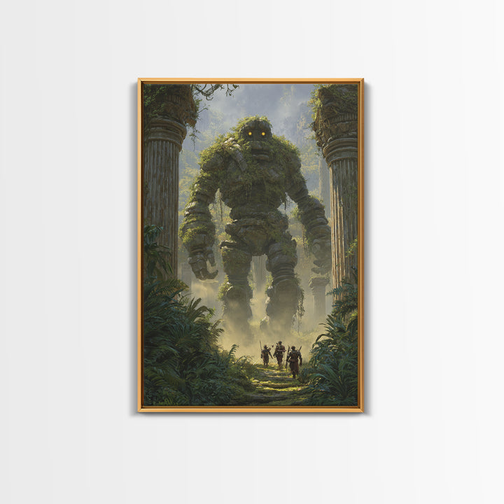 Moss Covered Stone Golem In Jungle Ruins Wall Art Fantasy Canvas Print For Nature Decor Adventure Art And Kids Room Wall Decor