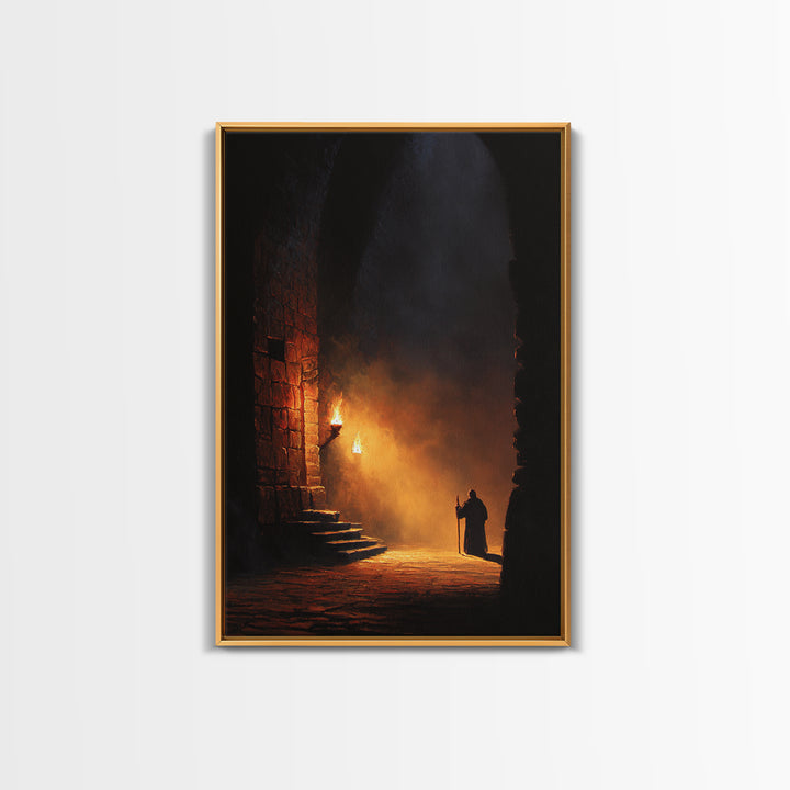Torchlit Monk In Ancient Stone Arch Wall Art Dark Academia Canvas Print For Gothic Decor Medieval Hallway Art And Office