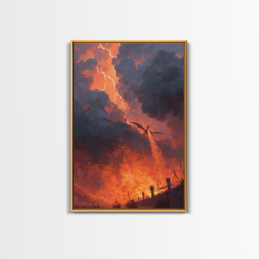 Fire Breathing Dragon Over Burning Battlefield Wall Art Epic Fantasy Canvas Print For Medieval Decor Gothic Game Room Wall Decor