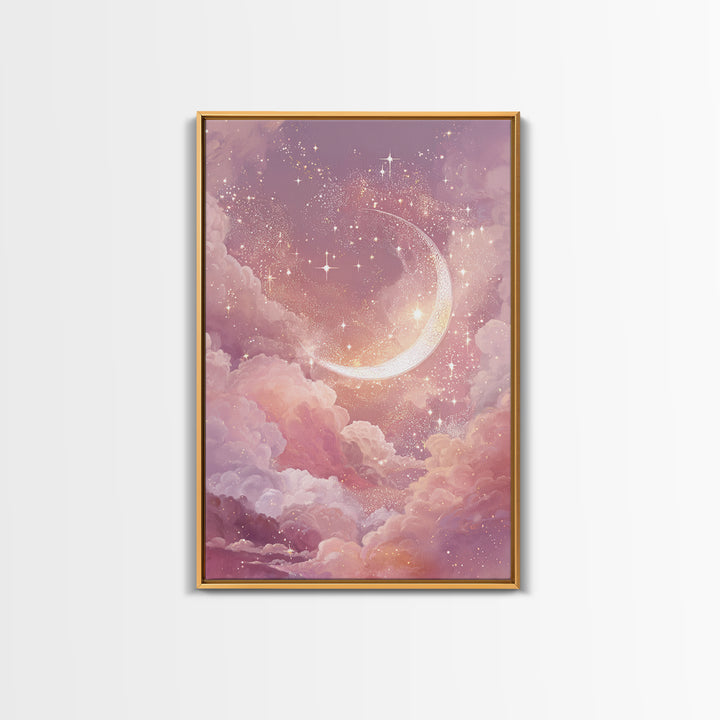 Glowing Crescent Moon Among Pink Clouds Wall Art, Celestial Canvas Print, Dreamy Nursery Decor, Whimsical Bedroom Art, Gift For Her