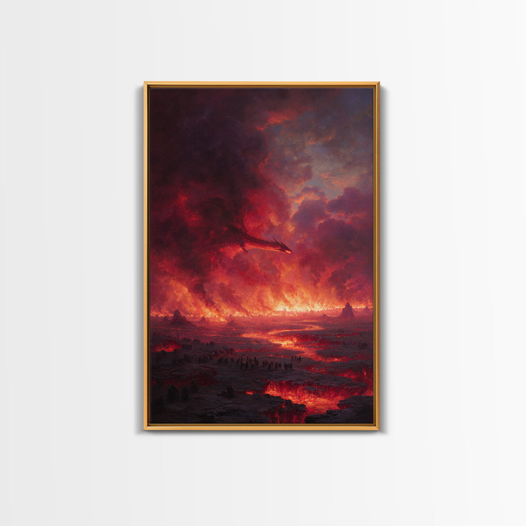 Fiery Dragon Apocalypse Landscape Wall Art, Dark Fantasy Canvas Decor, Gothic Medieval Battle, Large Fantasy Art Print Poster