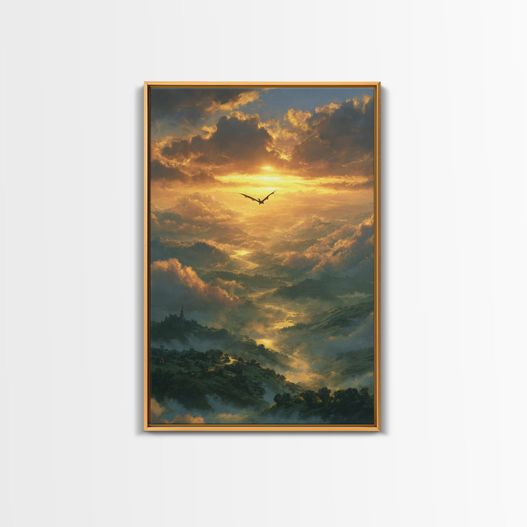 Golden Dragon Above Misty Valley Framed Canvas Print, Fantasy Landscape Wall Decor, Epic Castle Art For Living Room Home Decor