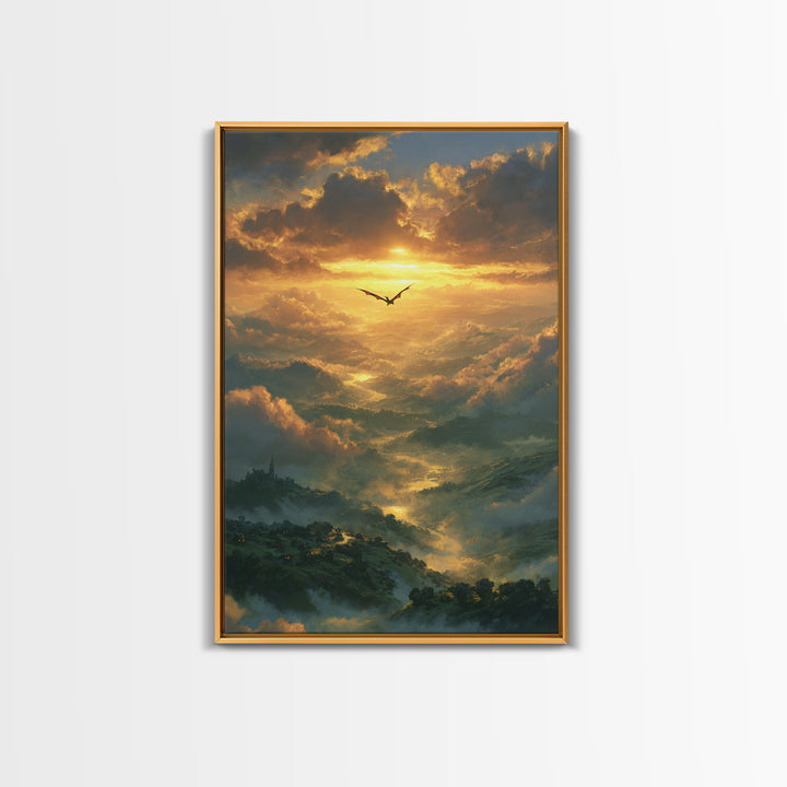 Golden Dragon Above Misty Valley Framed Canvas Print, Fantasy Landscape Wall Decor, Epic Castle Art For Living Room Home Decor