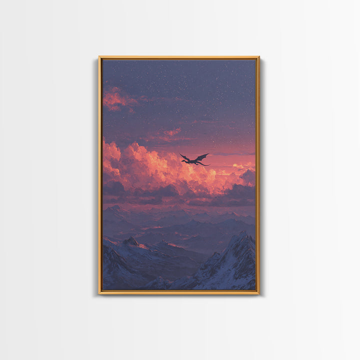 Starry Pink Cloud Dragon Over Snowy Peaks Canvas Print, Fantasy Mountain Wall Art, Dreamy Celestial Bedroom And Nursery Decor