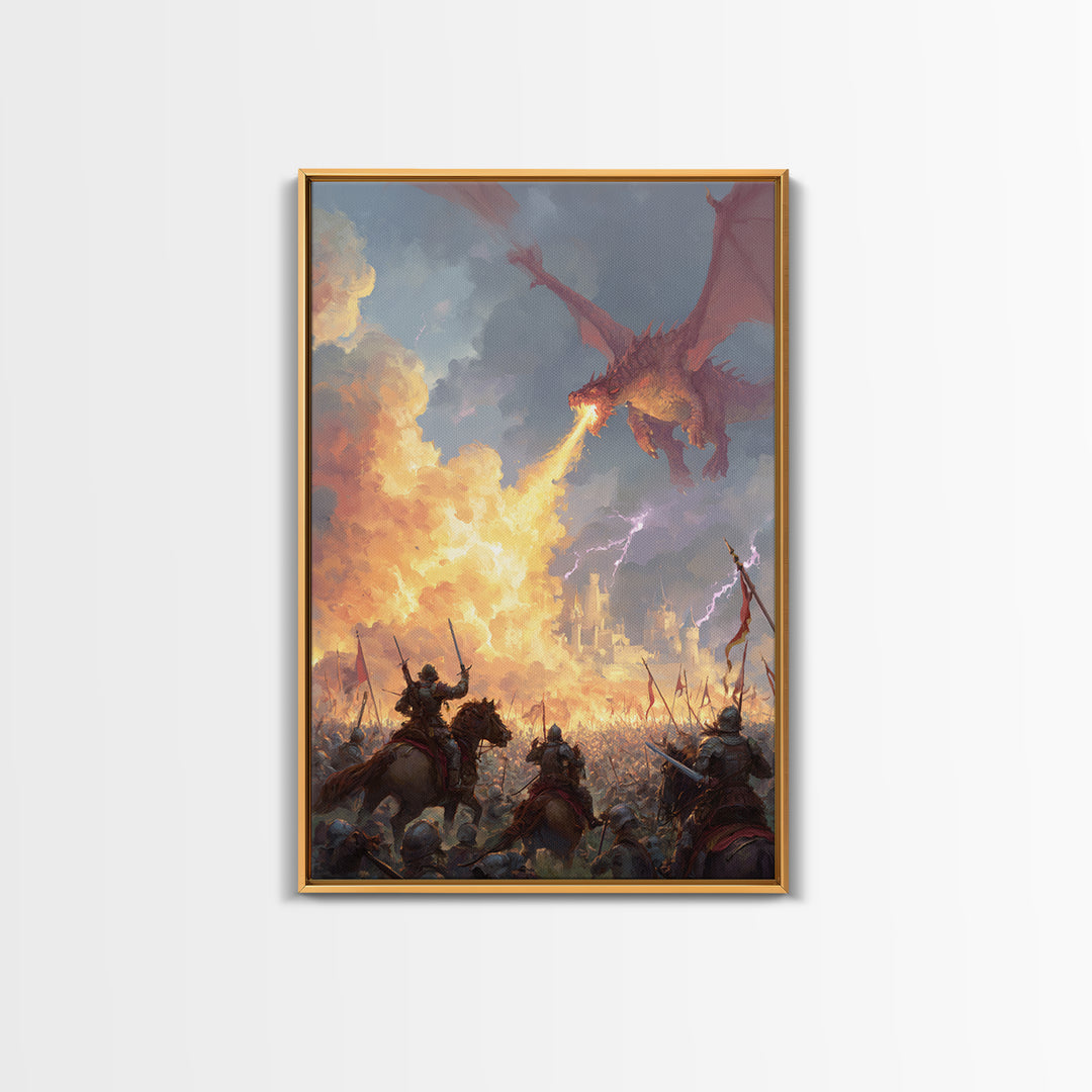Fire Breathing Dragon Over Medieval Army Wall Art, Epic Fantasy Battle Canvas Decor, Gothic Castle Gift For Him, Man Cave Decor