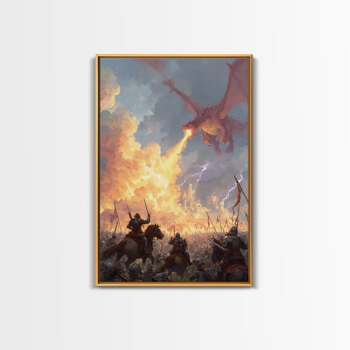Fire Breathing Dragon Over Medieval Army Wall Art, Epic Fantasy Battle Canvas Decor, Gothic Castle Gift For Him, Man Cave Decor