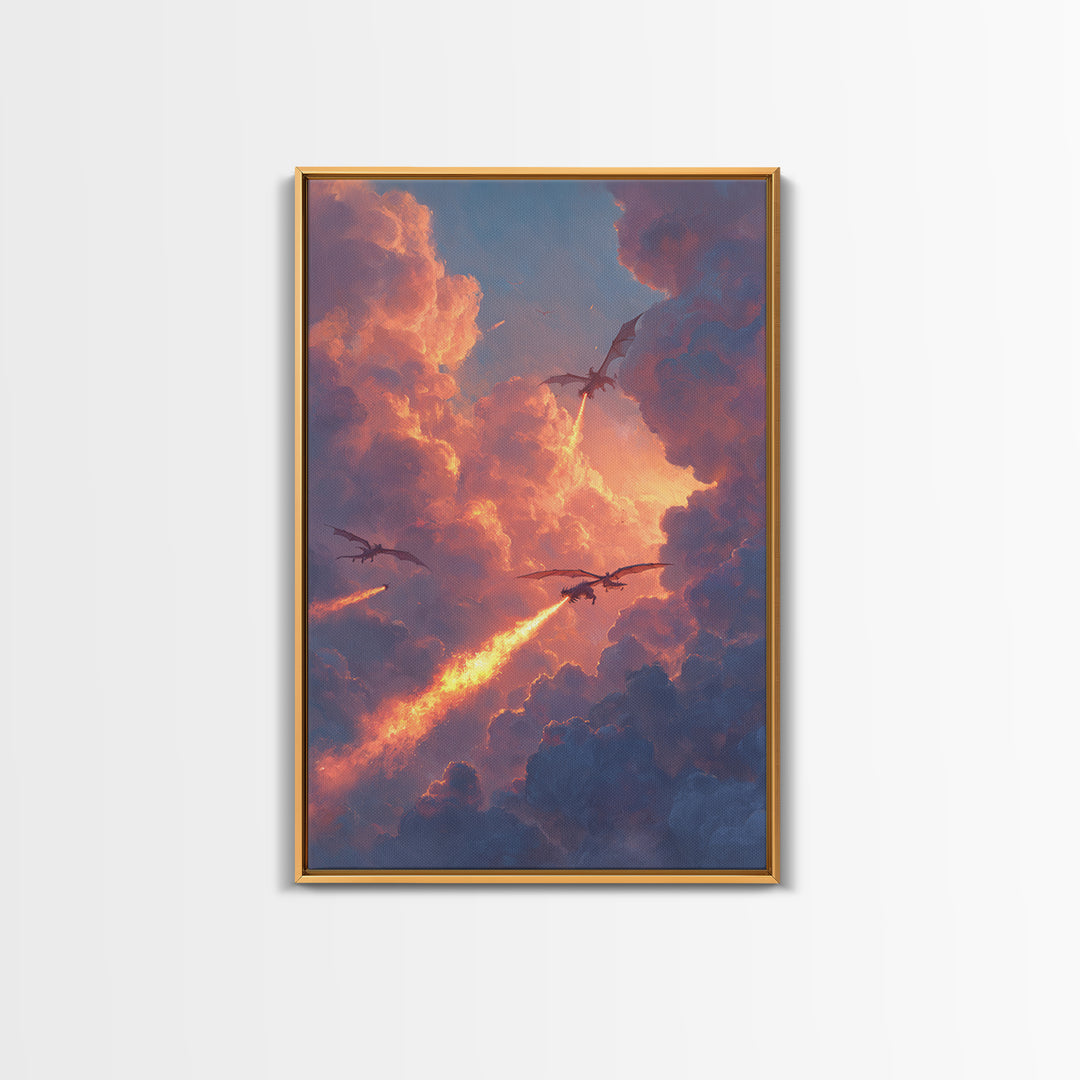 Dragons Breathing Fire Through Sunset Clouds Canvas Print, Fantasy Sky Wall Art, Vibrant Large Statement Living Room Home Decor