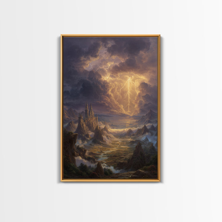 Lightning Storm Over Fantasy Castle Framed Canvas Print, Epic Mountain Landscape Wall Art, Moody Gothic Office Home Decor