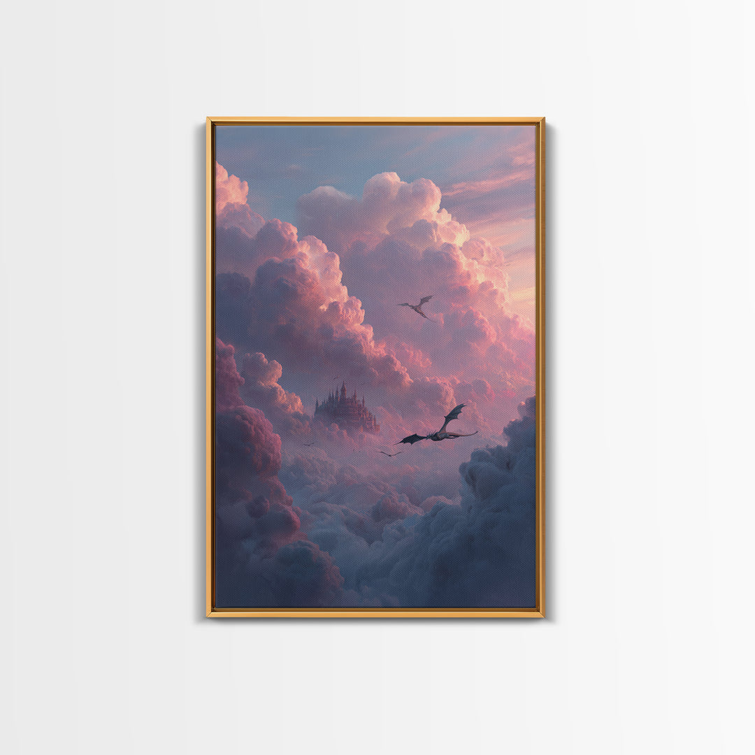 Pink Cloud Castle With Flying Dragons Canvas Print, Dreamy Fantasy Wall Art, Soft Pastel Celestial Nursery And Bedroom Decor