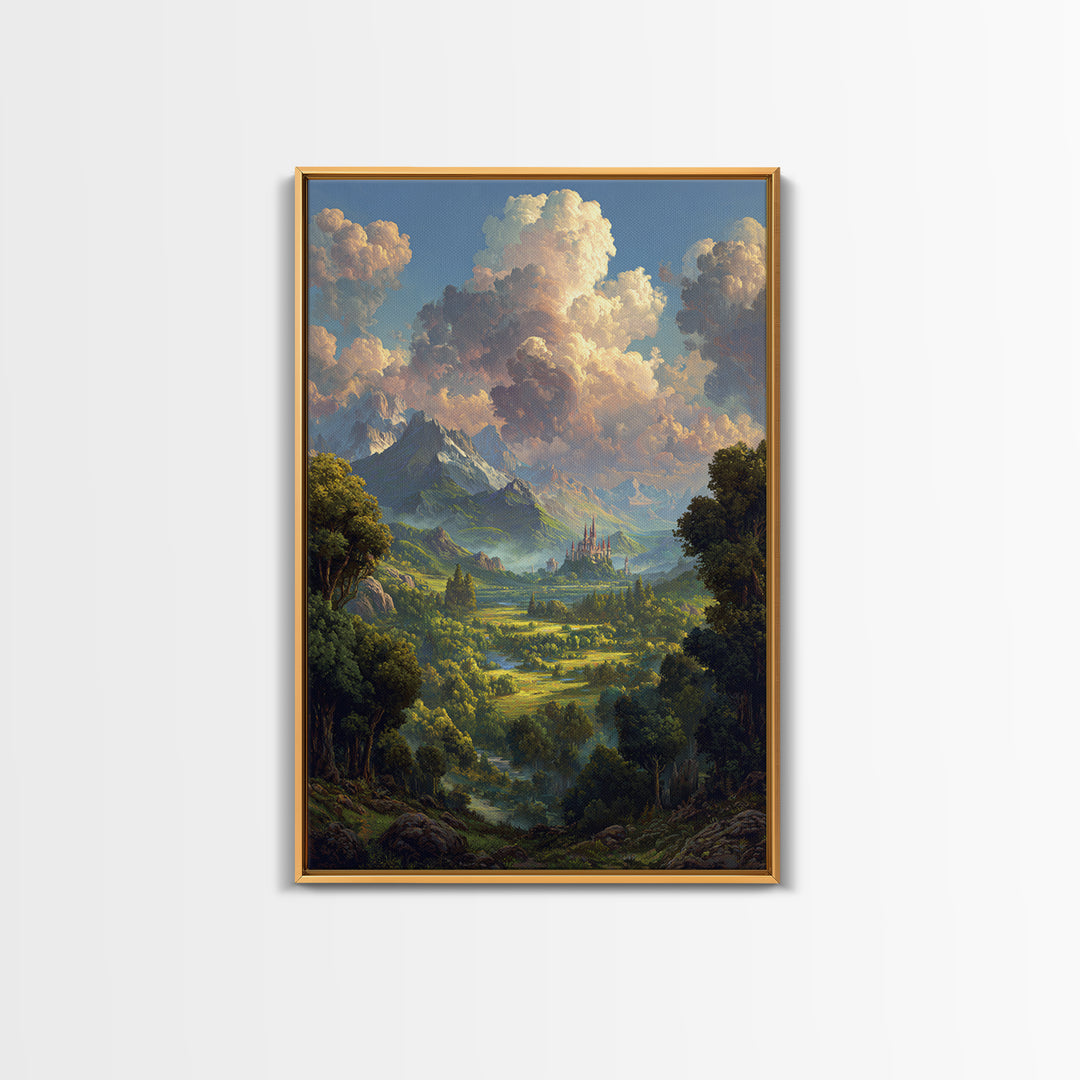 Lush Fantasy Valley With Distant Castle Wall Art, Mountain Landscape Canvas Print, Nature Decor For Living Room, Large Home Decor