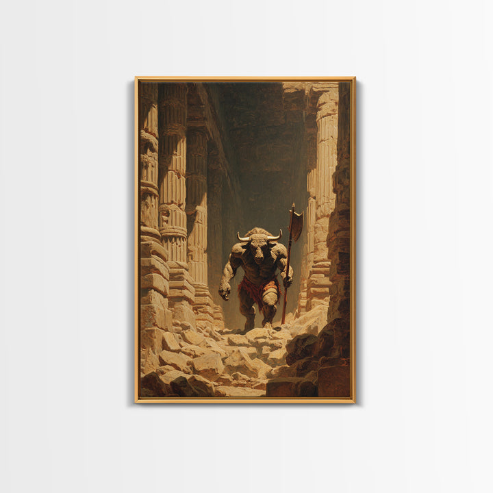 Minotaur In Ancient Ruins Framed Canvas Print, Mythological Art, Dark Fantasy Decor, Greek Myth Wall Decor Gift For Him Home Decor
