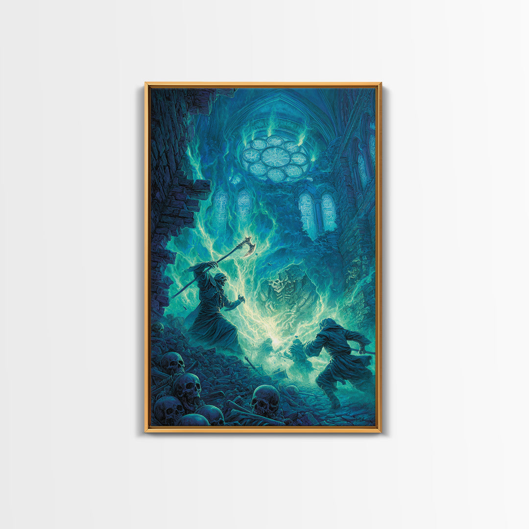 Necromancer In Haunted Cathedral Canvas Print, Dark Fantasy Wall Art, Gothic Magic Decor, Skeleton Horror Gift For Him Print