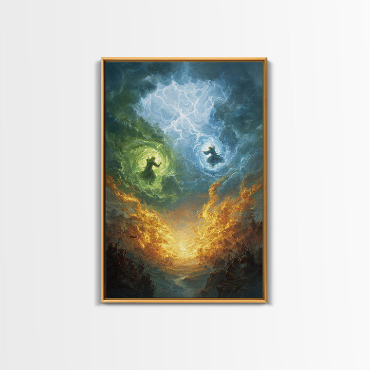 Elemental Wizards In Stormy Sky Wall Art, Fantasy Magic Canvas Print, Lightning Battle, Mystical Decor Gift For Him Home Decor