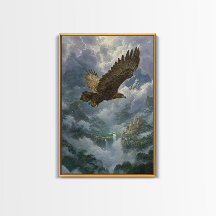 Majestic Eagle Over Misty Mountain Castle Wall Art, Wildlife Landscape Canvas Print, Fantasy Nature Decor Gift For Him Home Decor