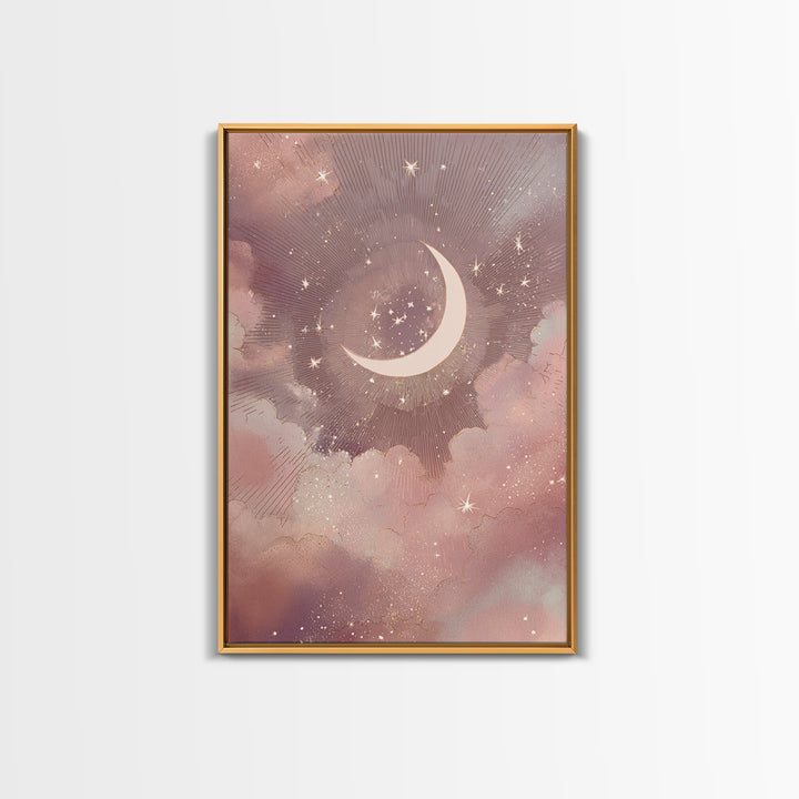 Crescent Moon And Starry Pink Clouds Wall Art, Celestial Canvas Print, Whimsigoth Bedroom Decor, Mystical Nursery Art, Gift For Her