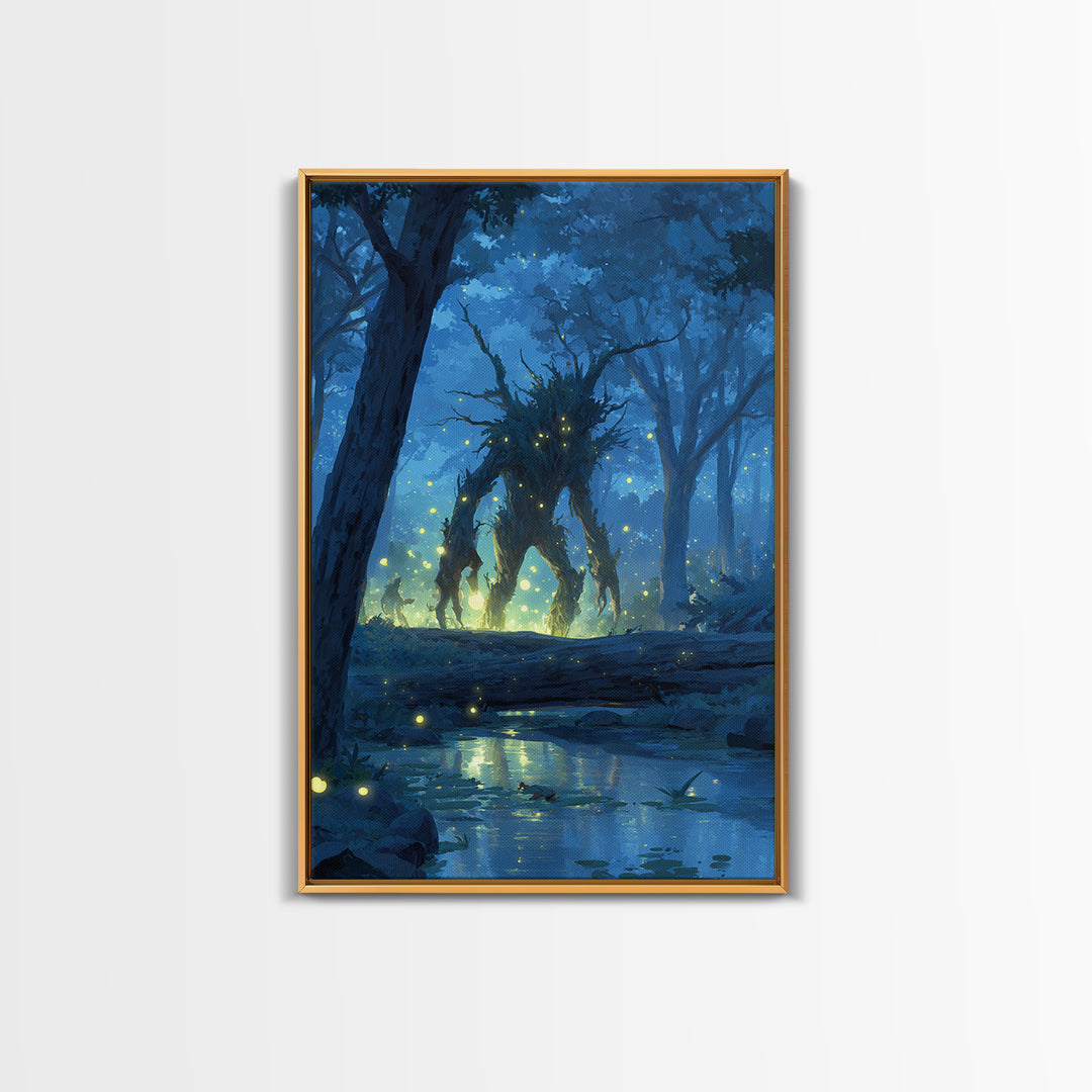 Glowing Forest Spirit At Moonlit Creek Wall Art, Fantasy Forest Canvas, Mystical Woodland Decor, Dark Fairy Tale Art Print