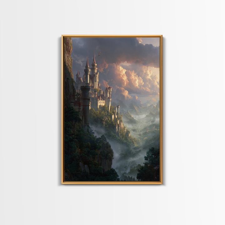 Misty Cliffside Castle Above Enchanted Valley Framed Canvas Print, Fantasy Wall Art, Medieval Landscape Home Decor, Dramatic Cloud Art