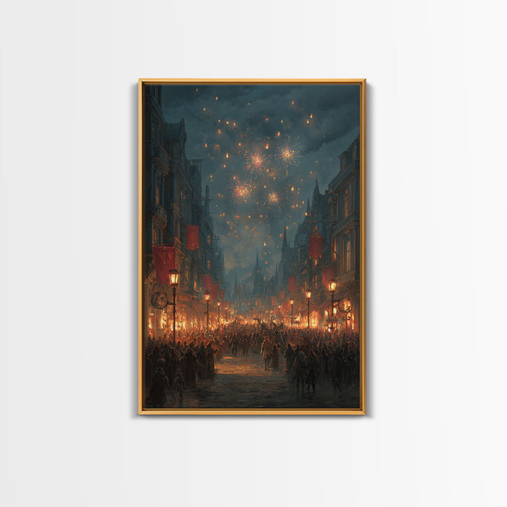 Medieval Festival Street With Fireworks Wall Art, Fantasy City Canvas, Dark Academia Decor, Gothic Town Celebration Print
