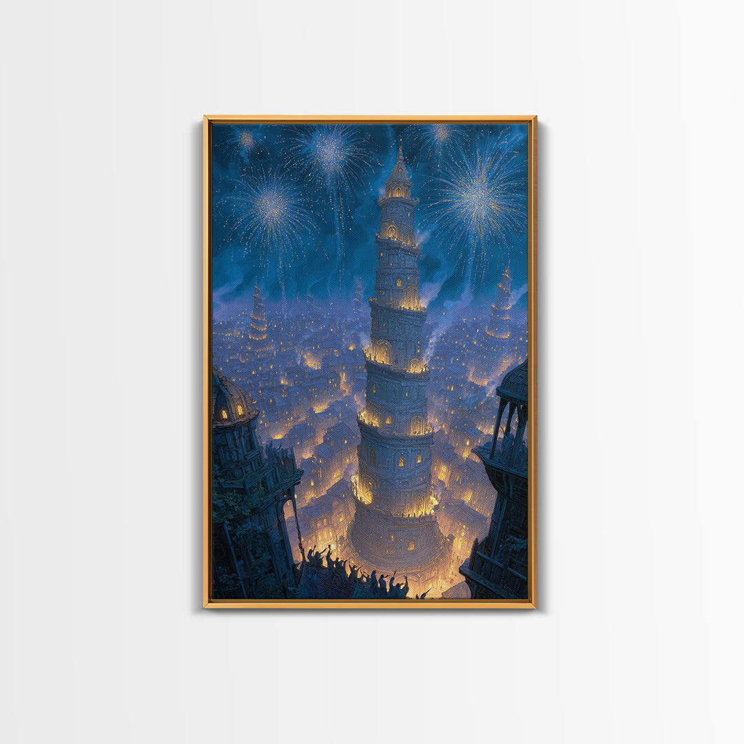 Blue Fireworks Over Magical City Tower Canvas Print, Fantasy Wall Art, Medieval Celebration Decor, Enchanted Skyline Art