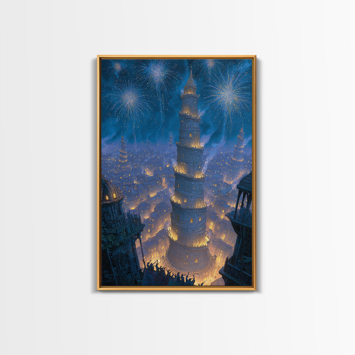 Blue Fireworks Over Magical City Tower Canvas Print, Fantasy Wall Art, Medieval Celebration Decor, Enchanted Skyline Art
