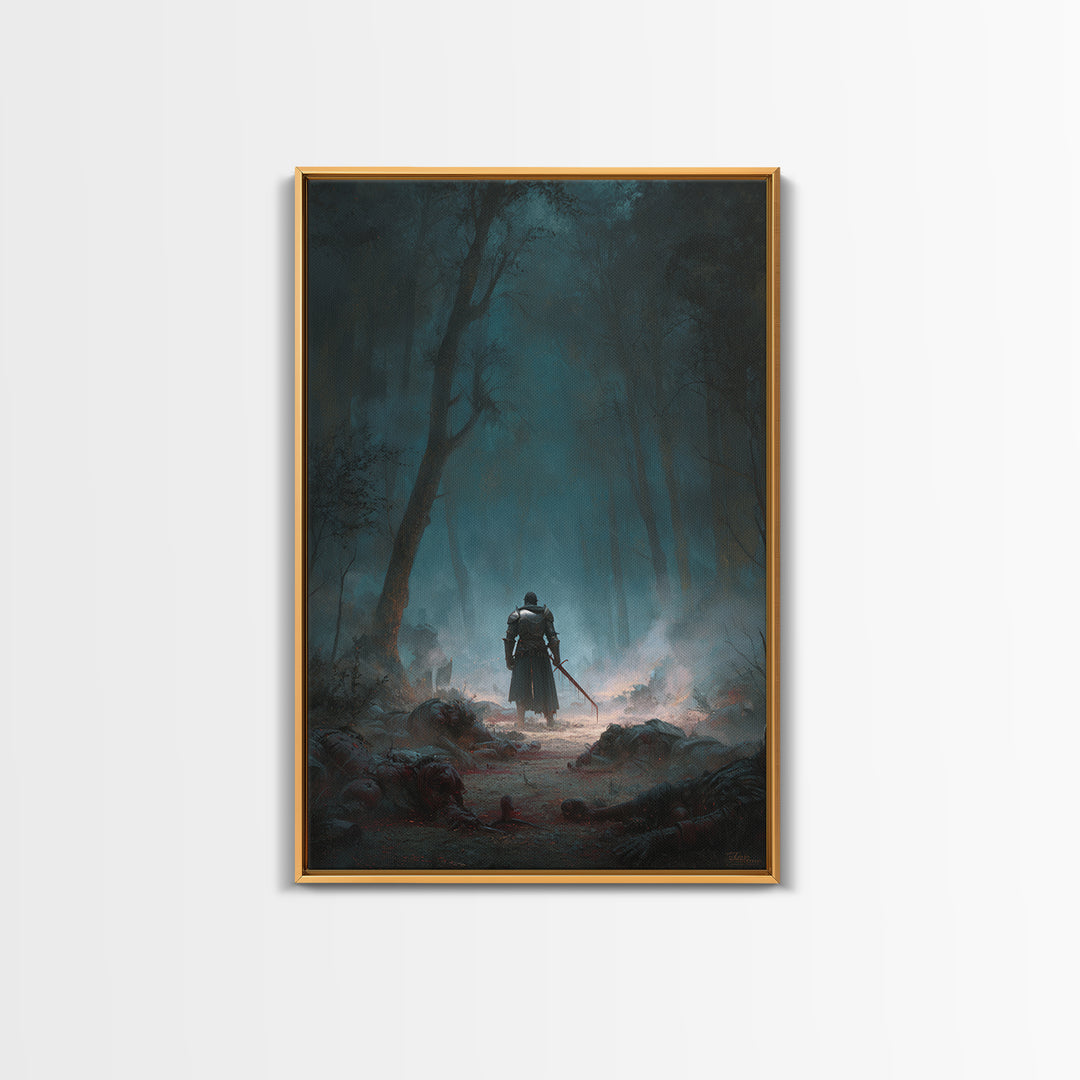 Lone Knight In Misty Haunted Forest Canvas Print, Dark Fantasy Wall Art, Gothic Woodland Decor, Warrior Landscape Artwork
