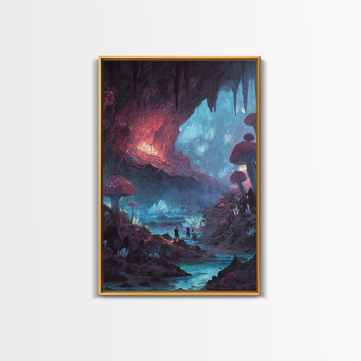 Glowing Mushroom Cave With Crystal River Wall Art, Fantasy Landscape Canvas, Whimsical Fairycore Decor, Magical Forest Print