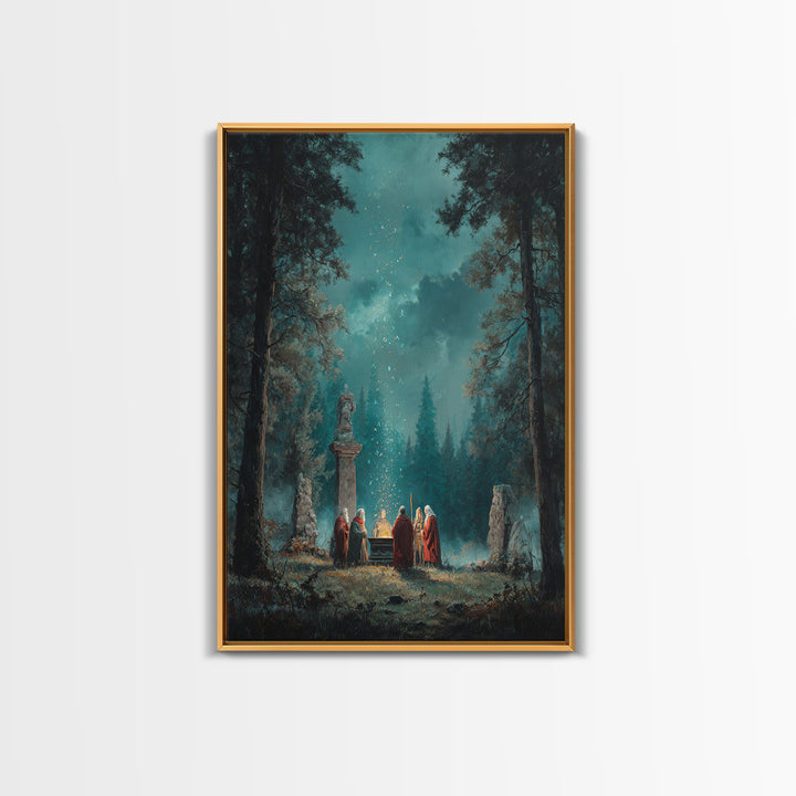 Mystic Forest Ritual Beneath Teal Night Sky Framed Canvas Print, Fantasy Wall Art, Spiritual Decor, Enchanted Woodland Art