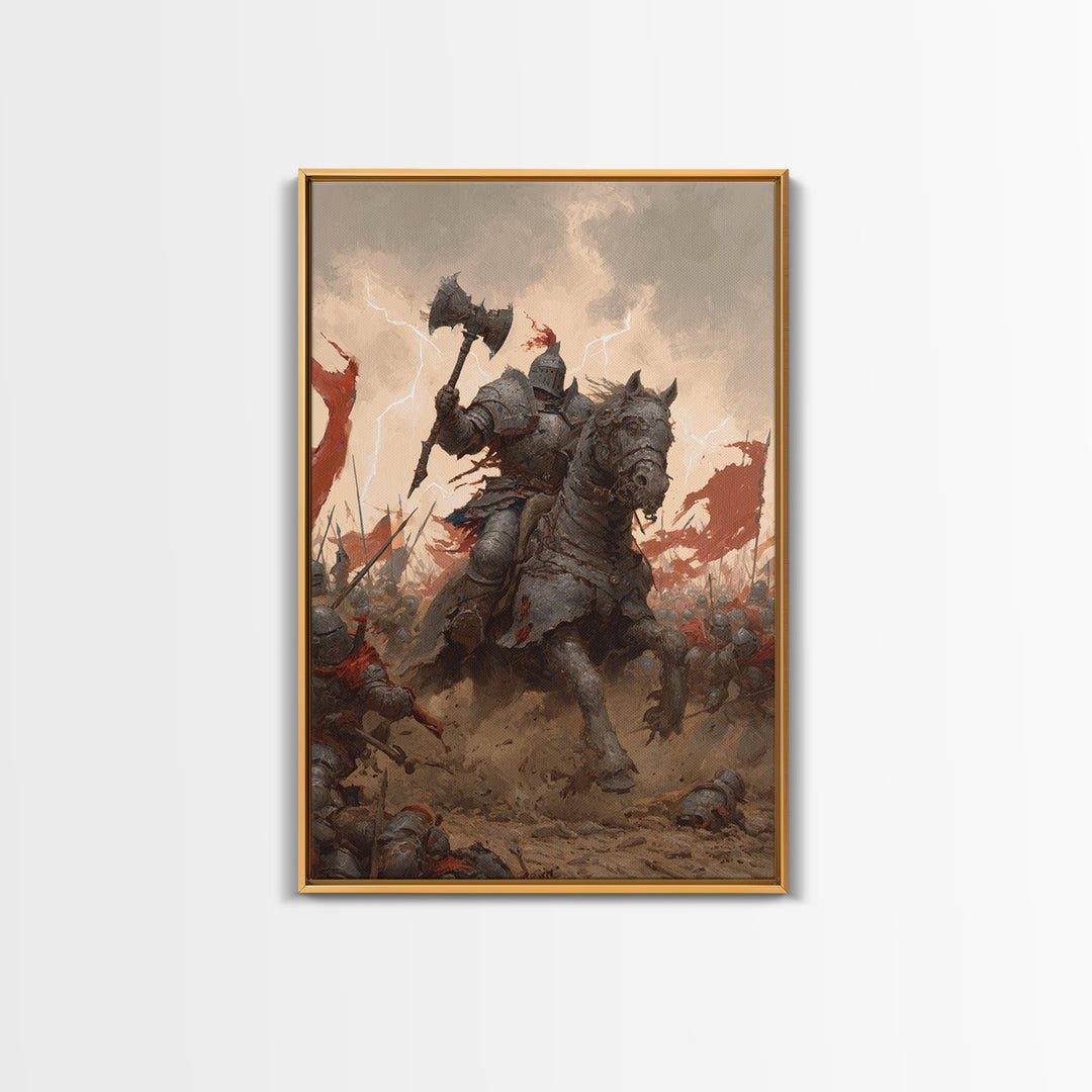 Armored Knight On War Horse With Battle Axe Wall Art, Dark Fantasy Canvas Print, Medieval Warrior Living Room Decor Gift