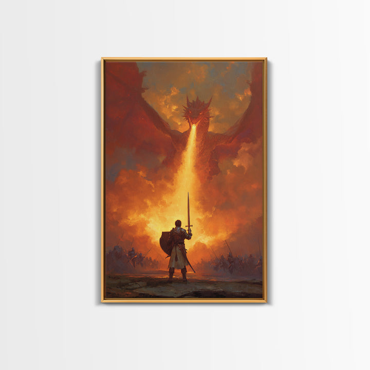 Lone Swordsman Facing Fire Breathing Red Dragon Wall Art, Epic Fantasy Canvas Print, Medieval Battle Living Room Decor Gift