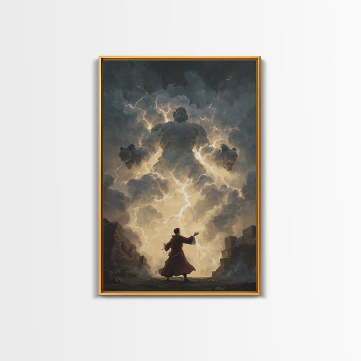 Storm Wizard Summoning Lightning Cloud Giant Wall Art, Dark Fantasy Canvas Print, Mythological Magic Office Decor Gift For Him