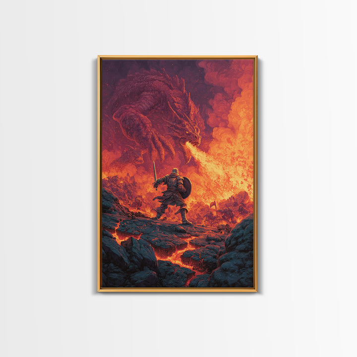 Knight Charging Through Lava Toward Fire Dragon Wall Art, Dark Fantasy Framed Canvas Print, Medieval Battle Game Room Decor