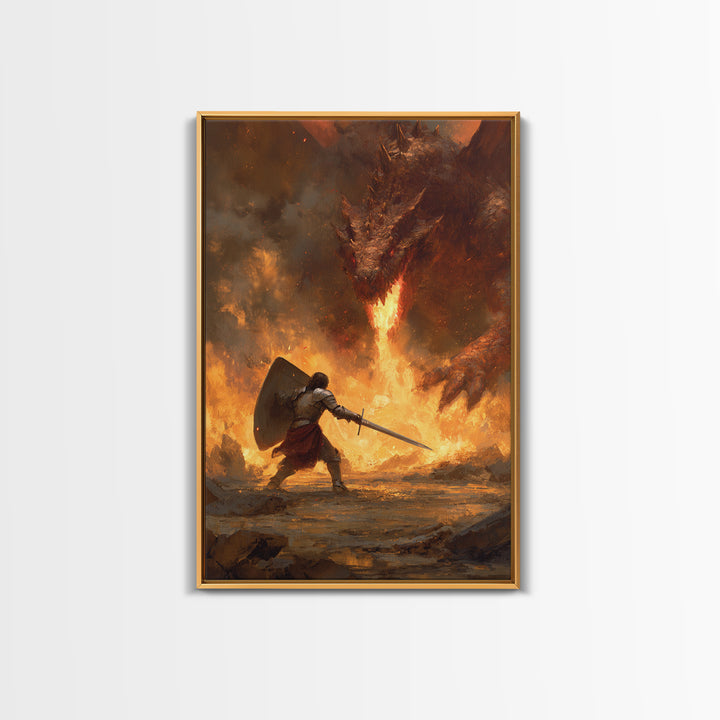 Shield Warrior Defies Fire Breathing Dragon Canvas Print, Epic Fantasy Wall Art, Medieval Sword Battle Home Decor Gift For Him