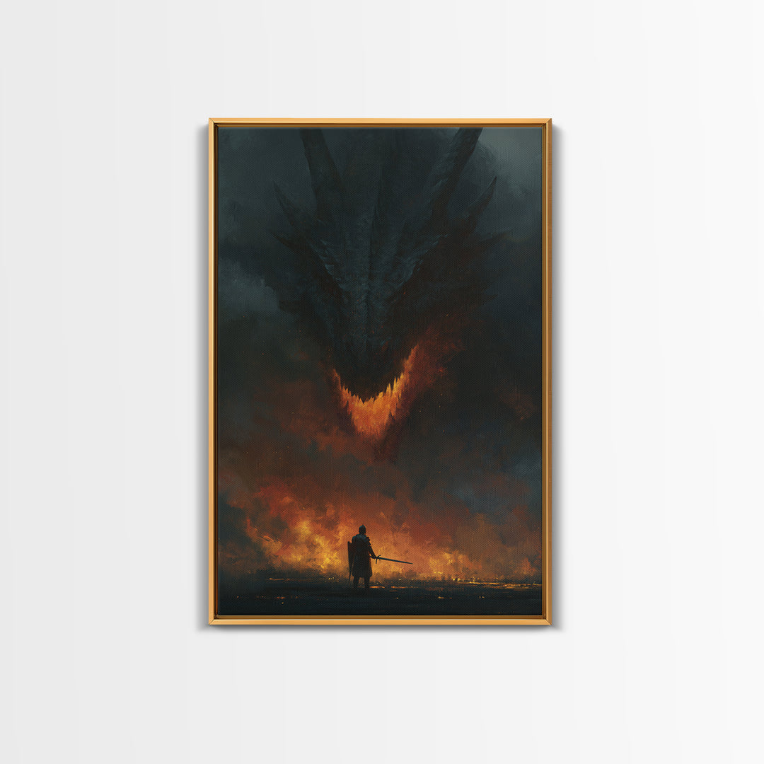 Dark Dragon Looming Over Lone Knight Wall Art, Gothic Fantasy Canvas Print, Apocalyptic Fire Medieval Office Decor Gift For Him
