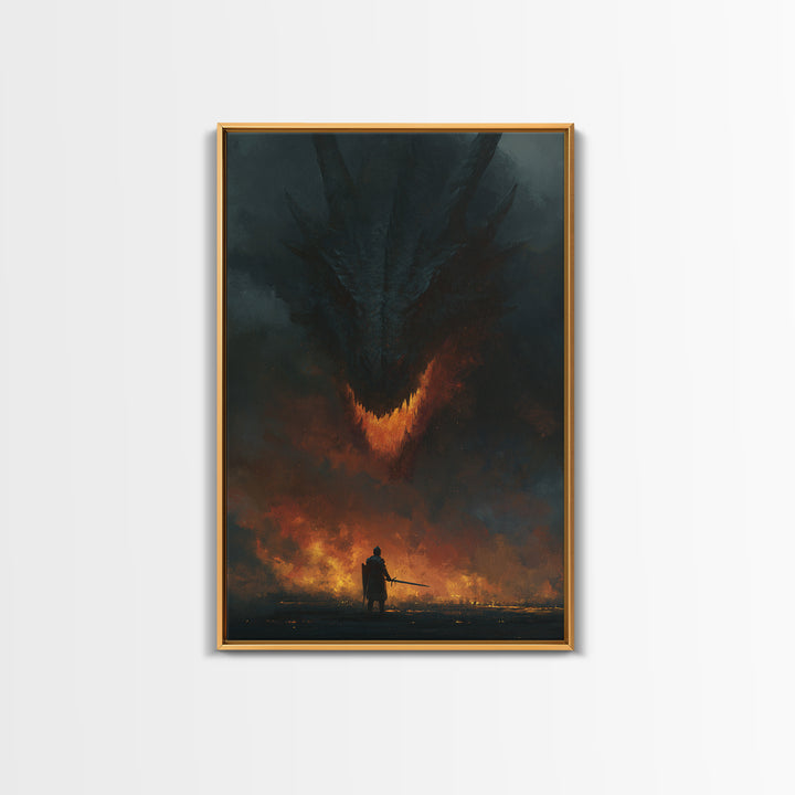 Dark Dragon Looming Over Lone Knight Wall Art, Gothic Fantasy Canvas Print, Apocalyptic Fire Medieval Office Decor Gift For Him