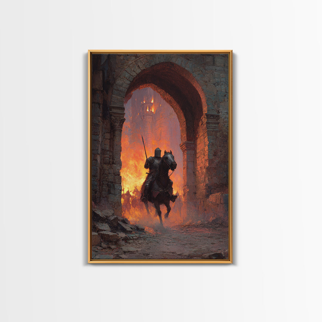 Mounted Knight Riding Through Burning Stone Arch Wall Art, Dark Fantasy Framed Canvas Print, Medieval Castle Home Decor Gift