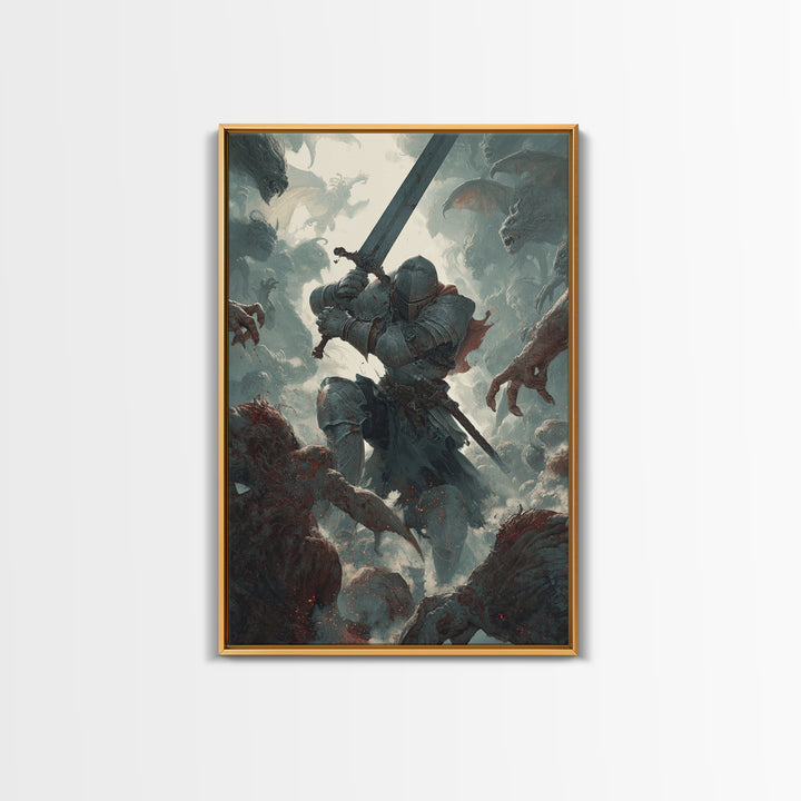 Armored Knight Battling Monsters Wall Art, Dark Fantasy Canvas Wall Decor, Gothic Warrior Artwork, Medieval Game Room Decor