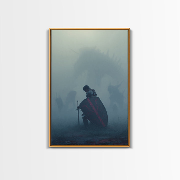 Kneeling Knight In Mist Wall Art, Dark Fantasy Dragon Print, Medieval Warrior Decor, Moody Gothic Living Room Artwork Gift