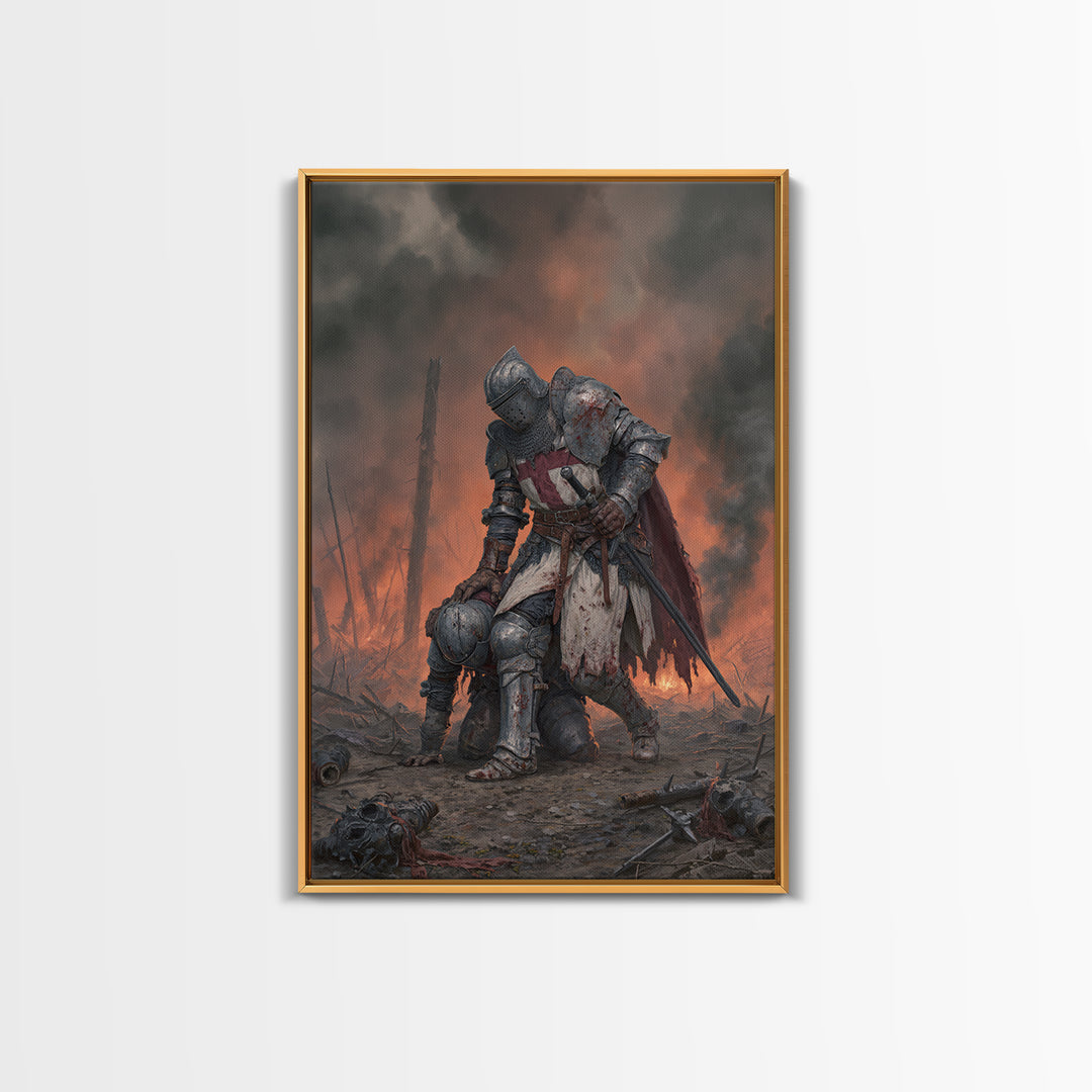 Wounded Knight In Burning Battlefield Wall Art, Dark Fantasy Medieval Canvas Decor, Gothic Warrior Print, Moody Office Artwork