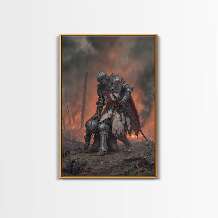 Wounded Knight In Burning Battlefield Wall Art, Dark Fantasy Medieval Canvas Decor, Gothic Warrior Print, Moody Office Artwork