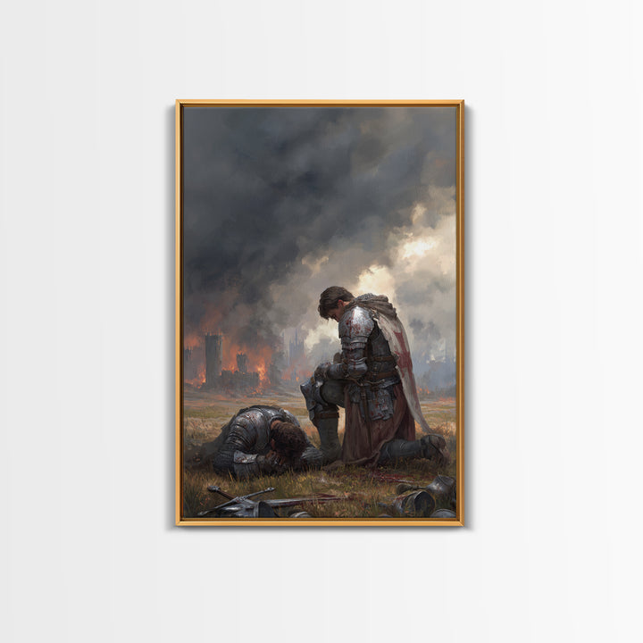 Grieving Knight Beside Fallen Soldier Wall Art, Dark Fantasy Medieval Print, Gothic Battle Decor, Moody Living Room Artwork