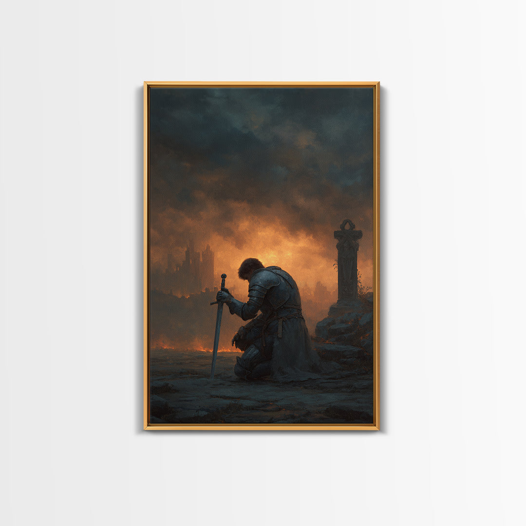 Lone Knight Kneeling At Sword Canvas Print, Dark Fantasy Medieval Wall Decor, Gothic Castle Ruins, Moody Office Art, Statement Artwork