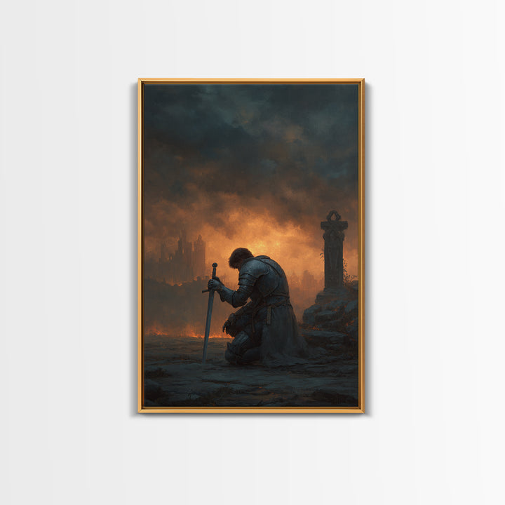 Lone Knight Kneeling At Sword Canvas Print, Dark Fantasy Medieval Wall Decor, Gothic Castle Ruins, Moody Office Art, Statement Artwork