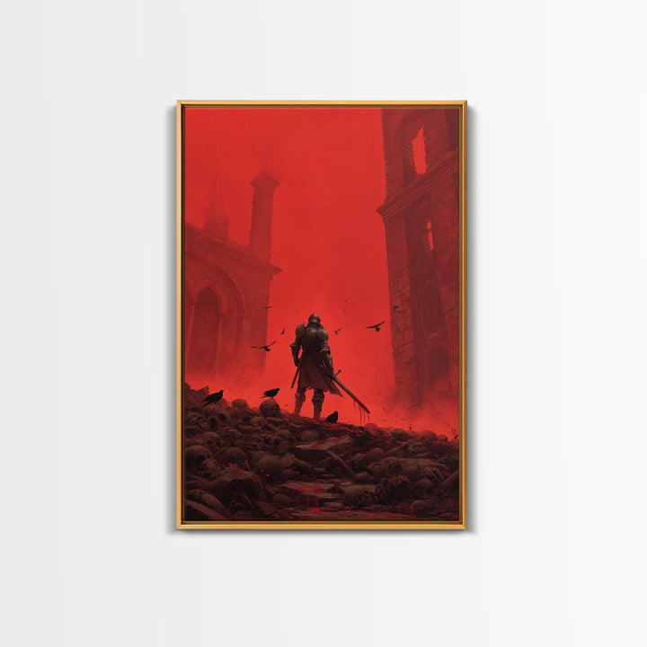 Knight In Crimson Ruins Wall Art, Dark Fantasy Red Gothic Print, Medieval Warrior Decor, Crows And Skulls, Bold Wall Decor