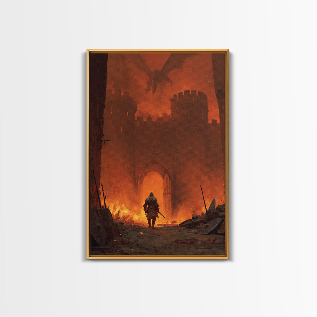 Knight At Burning Castle Gate Wall Art, Dark Fantasy Dragon Print, Medieval Warrior Decor, Gothic Game Room Artwork Gift
